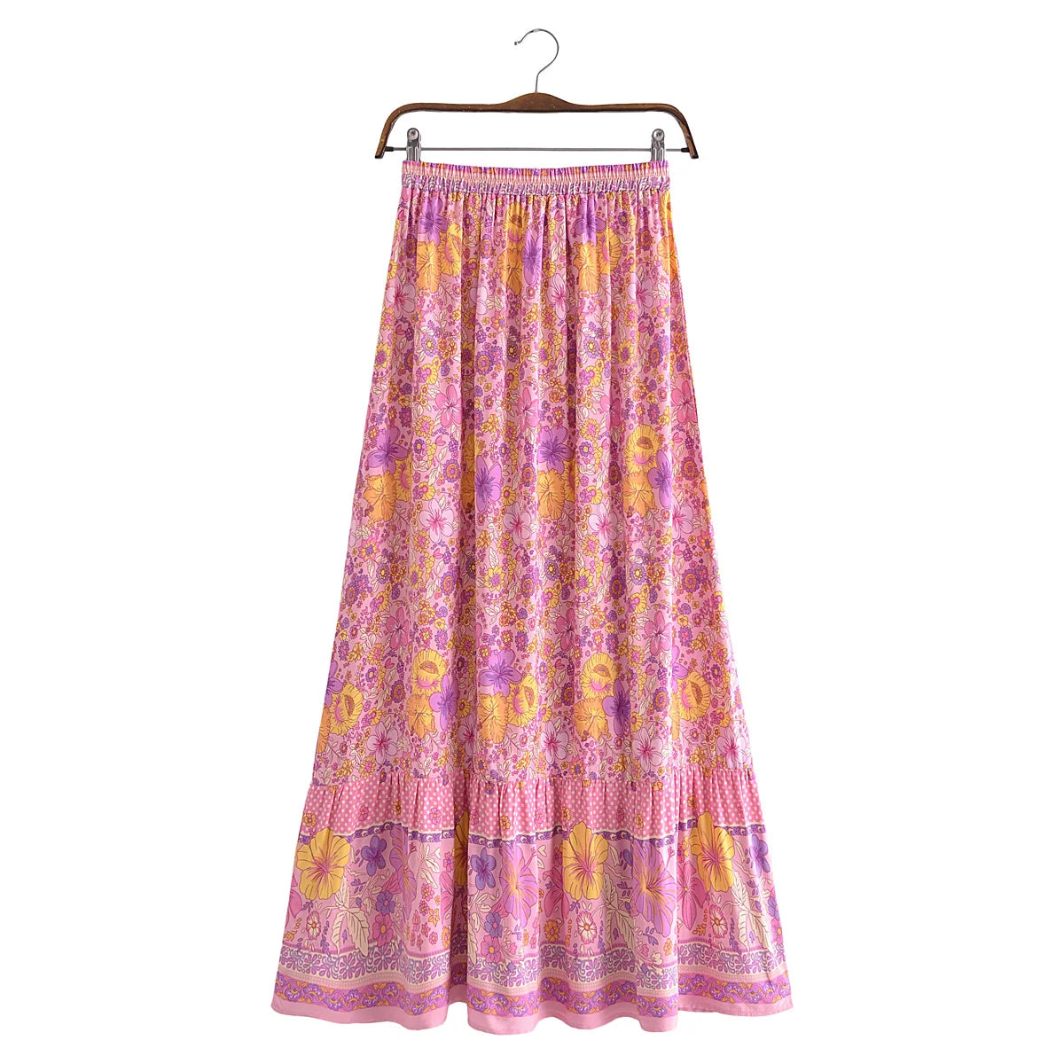 Voguable Pink Contrast Flower Print Maxi Long Skirt Spliced Ruffle Hem Hippie Women Ball Tassel Bow Waist Swing Skirts Holiday voguable