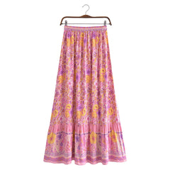 Voguable Pink Contrast Flower Print Maxi Long Skirt Spliced Ruffle Hem Hippie Women Ball Tassel Bow Waist Swing Skirts Holiday voguable