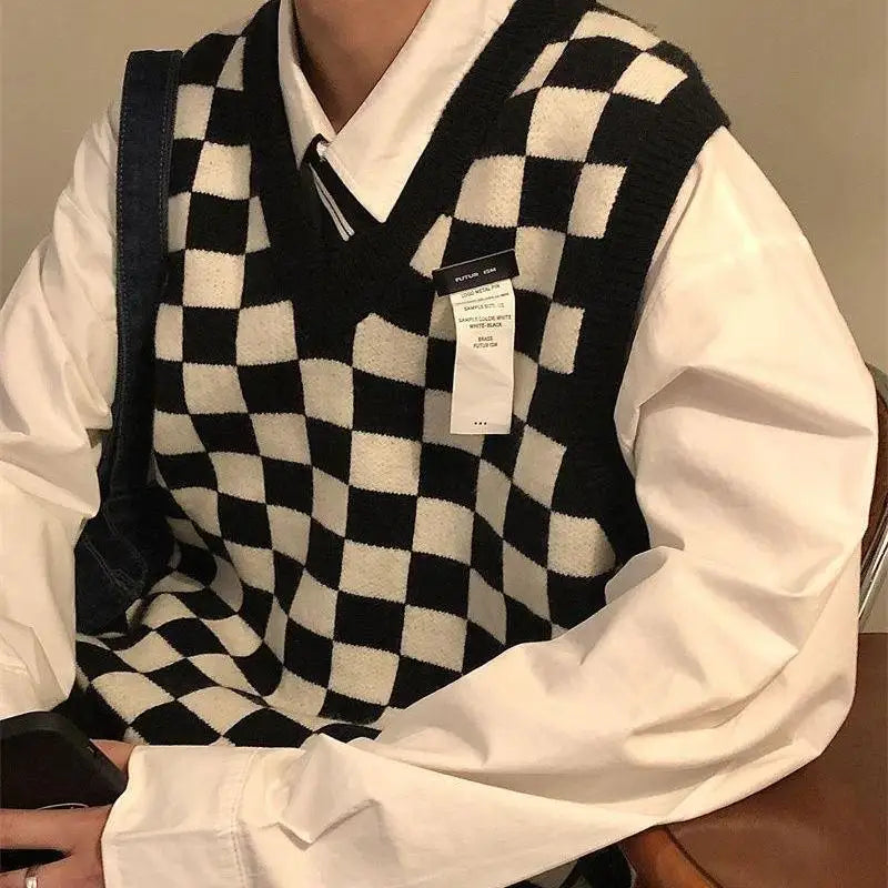 Autumn New Men Clothing Checkerboard Sweater Vest for Men and Women Vintage V-neck Sleeveless Plaid Knitted Sweater Vest voguable