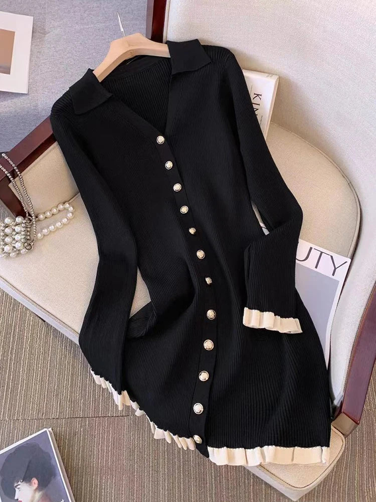 Autumn Winter French Fashion Old Money Long Sleeve Knit Dress Women 2000s V-Neck Frock Mini One-Piece Vintage Coquette Elegant voguable