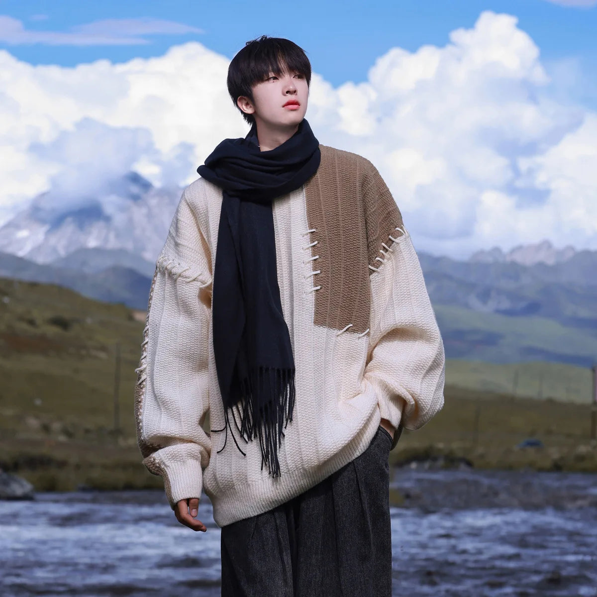 Voguable Knitted Sweater Men Pullover Oversize Sweaters Male Winter Harajuku Casual Streetwear Patchwork Autumn Hip Hop Spliced voguable