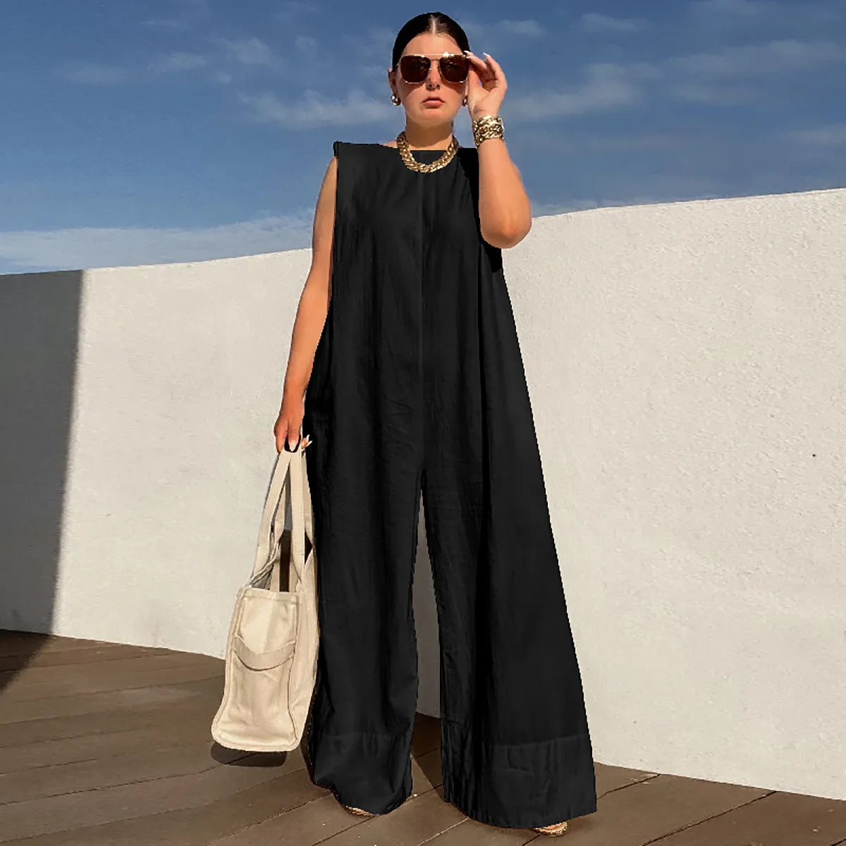 Solid Color Sleeveless Wide Leg Fitness Summer Fashion Female Loose White Black Casual Cool Jumpsuits for Women voguable