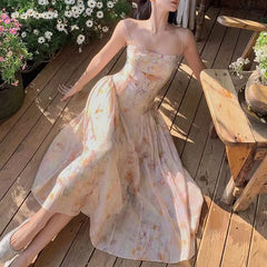 Voguable 2024 Summer Sweet Style Fairy Slash Neck Floral Print Suspender Dresses Women's Chiffon Slim Fit Luxury Princess Midi Dress voguable