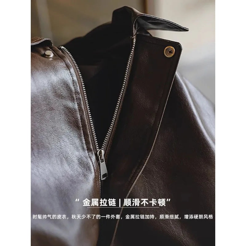 Brown PU Motorcycle Leather Jackets for Men Autumn New Lapel Zipper American Vintage Loose Maillard Leather Jacket Men Coats voguable