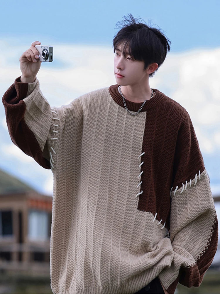 Voguable Knitted Sweater Men Pullover Oversize Sweaters Male Winter Harajuku Casual Streetwear Patchwork Autumn Hip Hop Spliced voguable