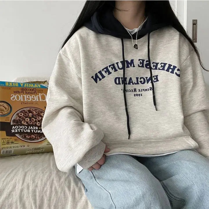 Hooded sweatshirt for women 2024 new spring, autumn and winter thin plus velvet cotton top hip-hop lazy style stylish splicing voguable