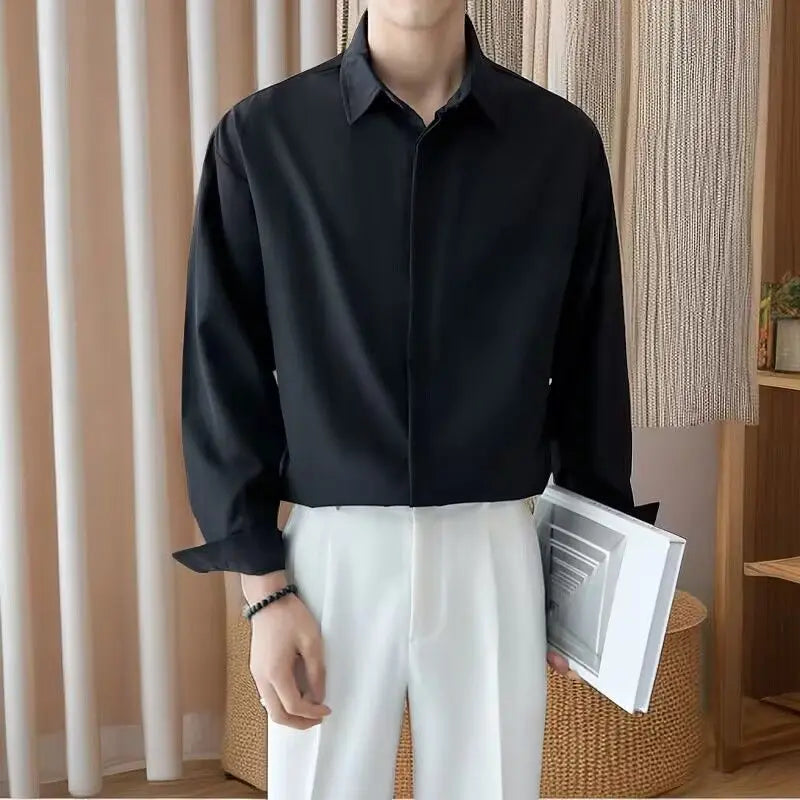 2024 High-end All-match Thin Ice Silk Shirts for Men Long Sleeve Hidden Buttons Loose Business Casual Luxury Drape White Shirt voguable