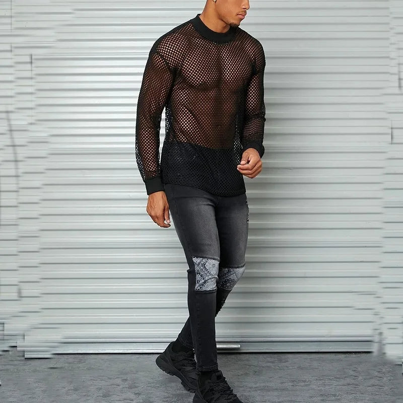 Men's Cotton Mesh Long Sleeve Off Shoulder See-Through T-Shirt Sexy Nightclub Wear Fitness Breathable Mesh Hollow-Out Base Shirt voguable