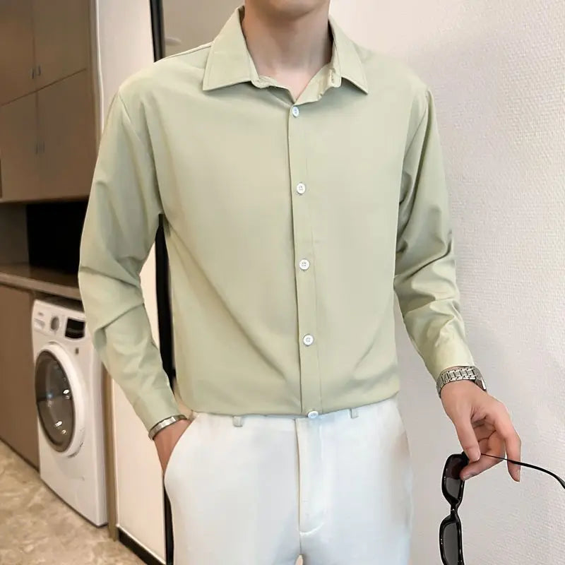 Spring Light Mature Mens Shirt Silky Solid Color Long Sleeve Korean Loose Drape Non-iron Buttons Business Casual Shirts for Men voguable