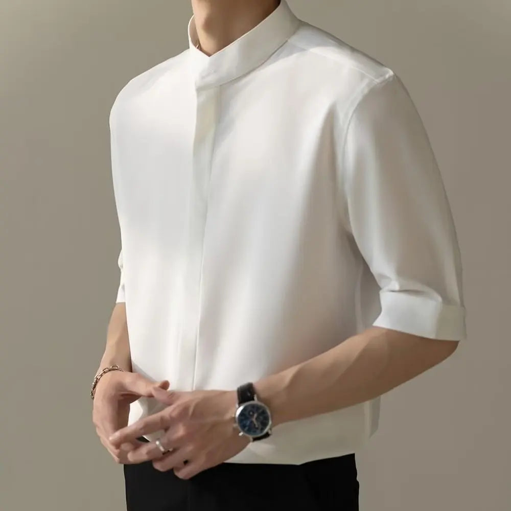 Summer Thin Stand-up Collar Ice Silk Short Sleeved Men Shirts New Chinese Style Business Casual Buttons Slim Half-sleeved Shirt voguable