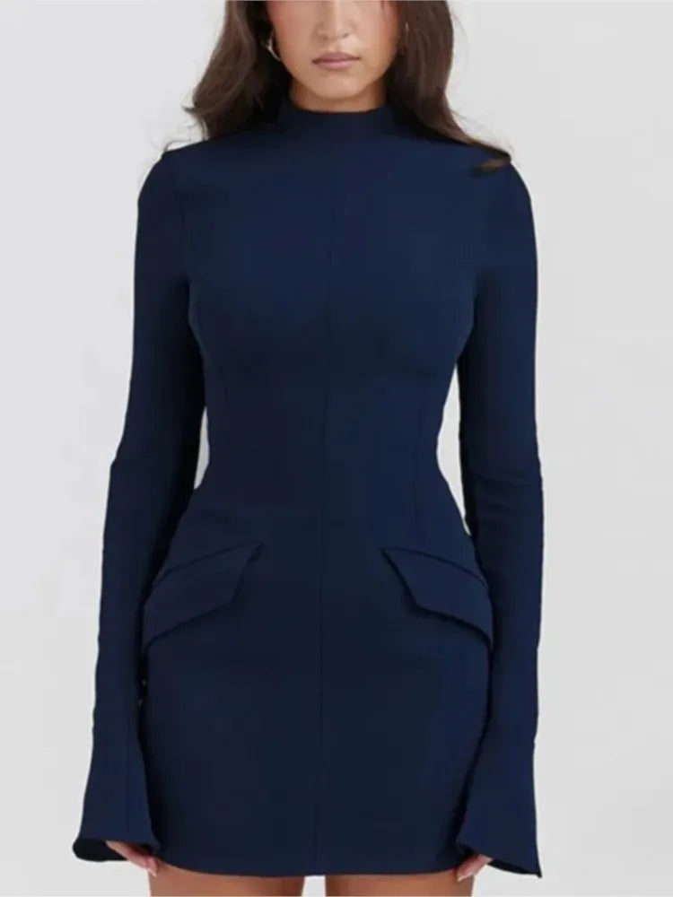 Elegant Dark Blue Solid High Waist Mini Dress Women Fashion Pocket decora Long Sleeve Bodycon Dresses  Chic Party Club Robes voguable