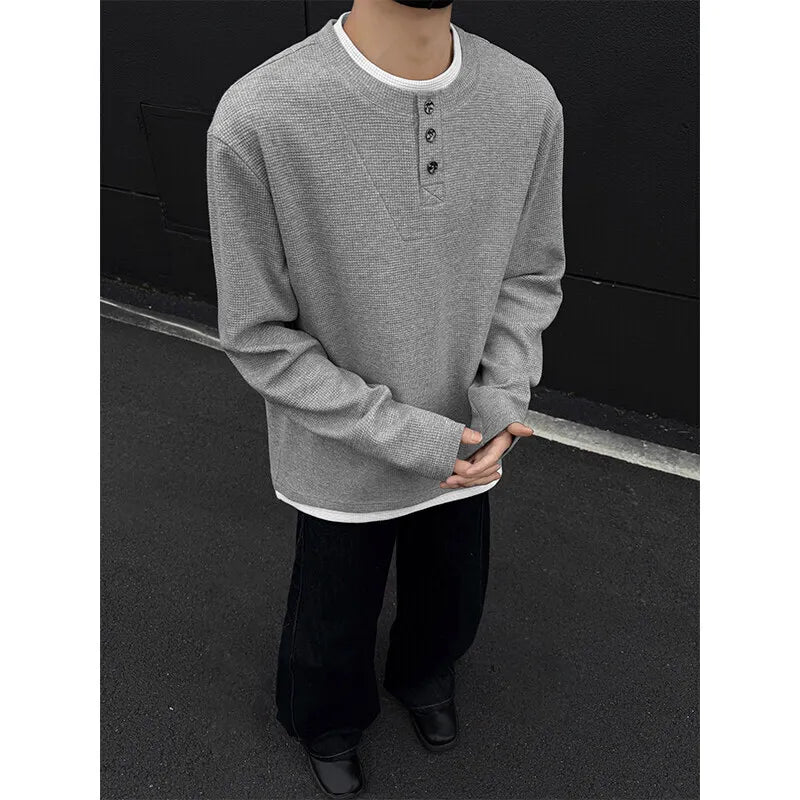 Spring Long Sleeved T-shirt Men Fashion Solid Color Checkered T Shirt Men Streetwear Korean Loose Round Neck T Shirt Mens Top voguable