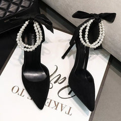 Black Women's Pumps 2024 Summer New Brand Design String Bead Pearls Wedding Bridal High Heels Sexy Pointed Toe Party Dance Shoes voguable