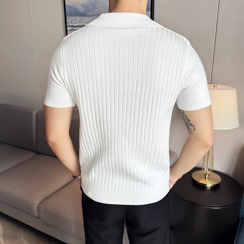 Men Striped Polo Shirt 2024 Summer Light Thin Breathable Solid Casual Elastic Slim Fit Short Sleeved V-neck T-shirt Men Clothing voguable