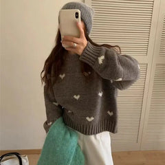 Love jacquard sweater for women in autumn and winter, loose, soft, lazy, high-end  short knitted sweater for little people voguable