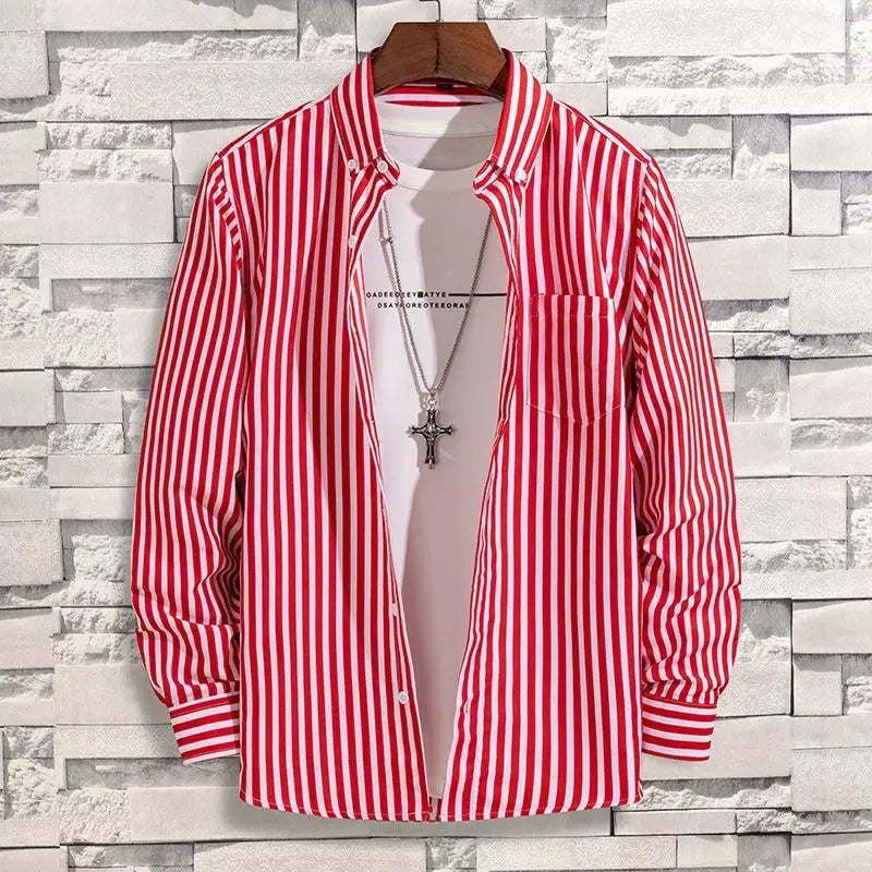 Spring Autumn New Fashion Striped POLO Collar Button Shirts Men's Clothing Long Sleeve Cardigan Korean Loose Trend Chic Blouses voguable