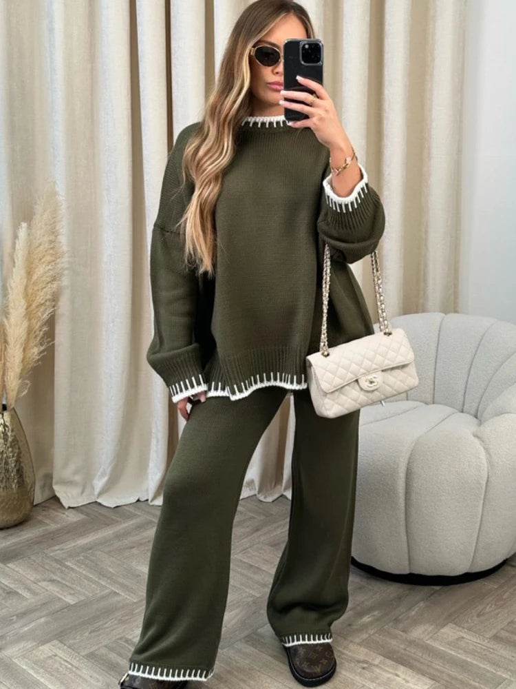 Elegant Knitted Long Pant Sets For Women Oversized Sweater Pullover Wide Leg Elastic Waist Pant Two Pieces Set Lady Chic Outfits voguable