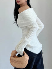 Voguable Sexy Women Off Shoulder Knit Slash Collar Sweater Open Buttons Front Slit Slim Knitwear Full Sleeve Jumper Knitwear Tops White voguable