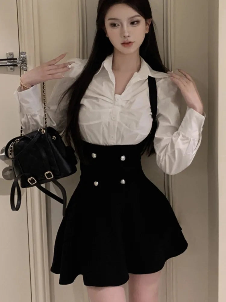 Voguable  Y2K 3 Piece Set Women Cropped Coat + Long Sleeve Shirt + High Waist Halter Ruffles Mini Dress Korean Chic Fashion Sexy Outfits voguable