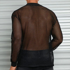 Men's Cotton Mesh Long Sleeve Off Shoulder See-Through T-Shirt Sexy Nightclub Wear Fitness Breathable Mesh Hollow-Out Base Shirt voguable