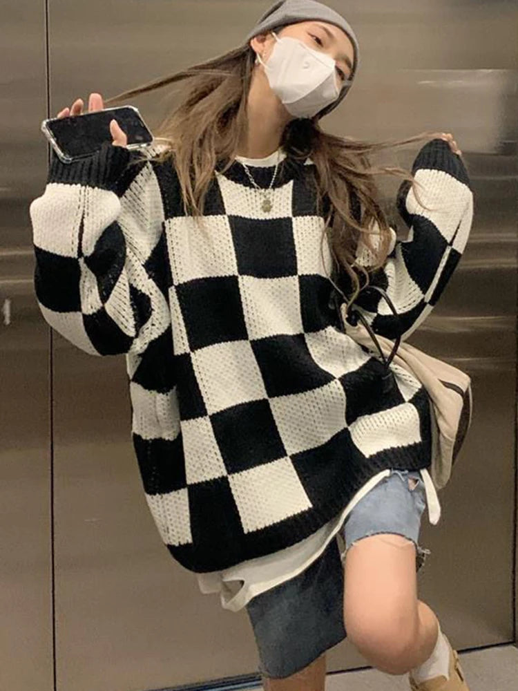 Voguable  Japan Vintage Women Plaid Sweater Oversize Loose Lazy Wind Knitted Pullover Preppy Style Casual Harajuku Fall Winter Top voguable