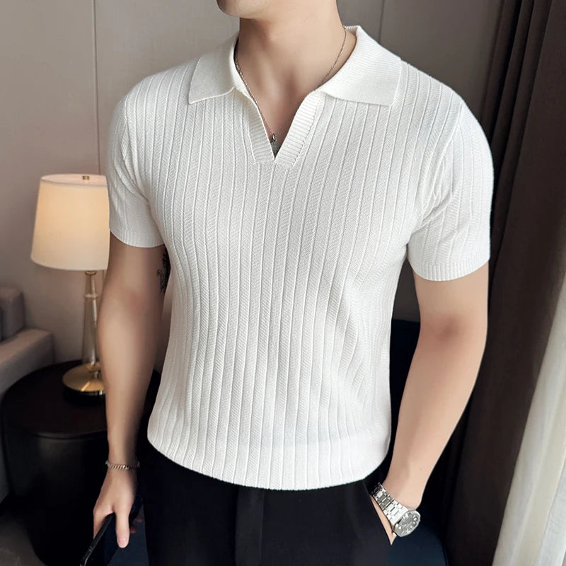 Men Striped Polo Shirt 2024 Summer Light Thin Breathable Solid Casual Elastic Slim Fit Short Sleeved V-neck T-shirt Men Clothing voguable