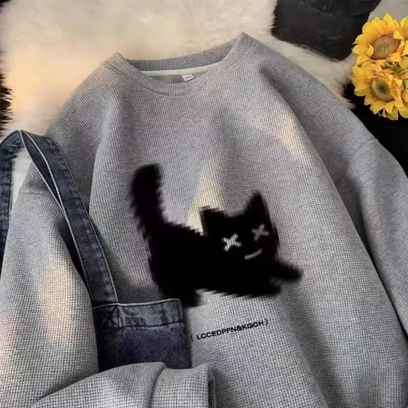 Voguable Streetwear Harajuku Waffle Cotton Kawaii Hoodies for Men O-Neck Oversized Sweatshirt Y2K Black Cat HIP HOP Punk Winter Clothes voguable