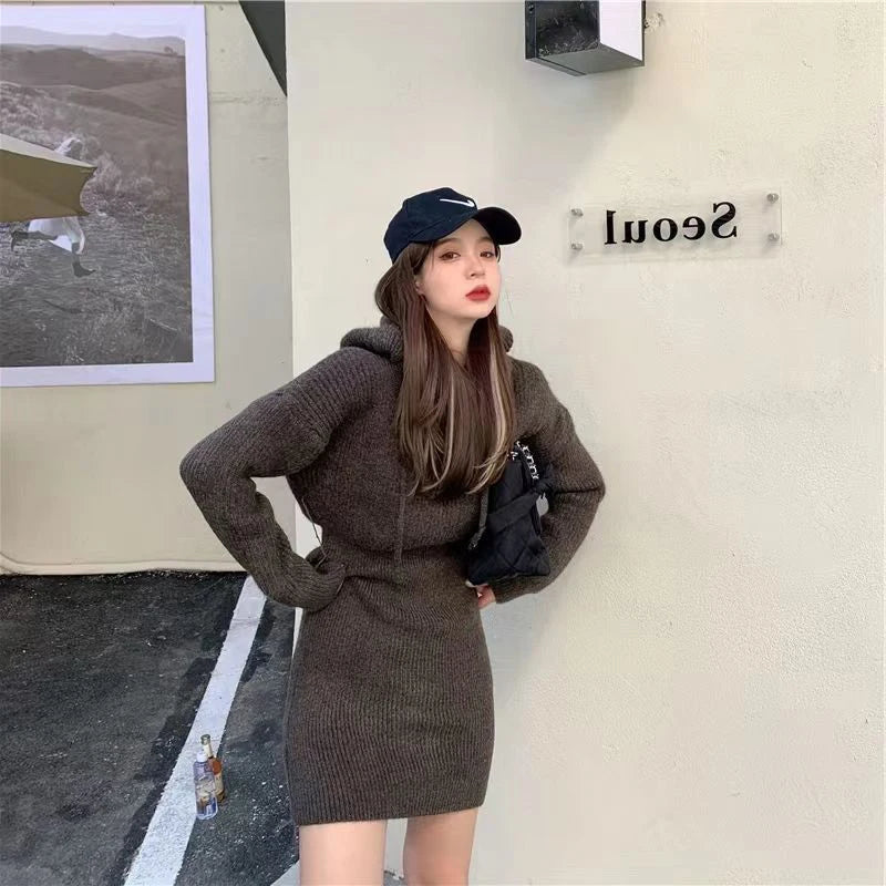 MEXZT Streetwear Knitted Mini Dress Women Hooded Sweater A Line Dresses Winter Korean Solid High Waist Slim Casual Vestidos New voguable