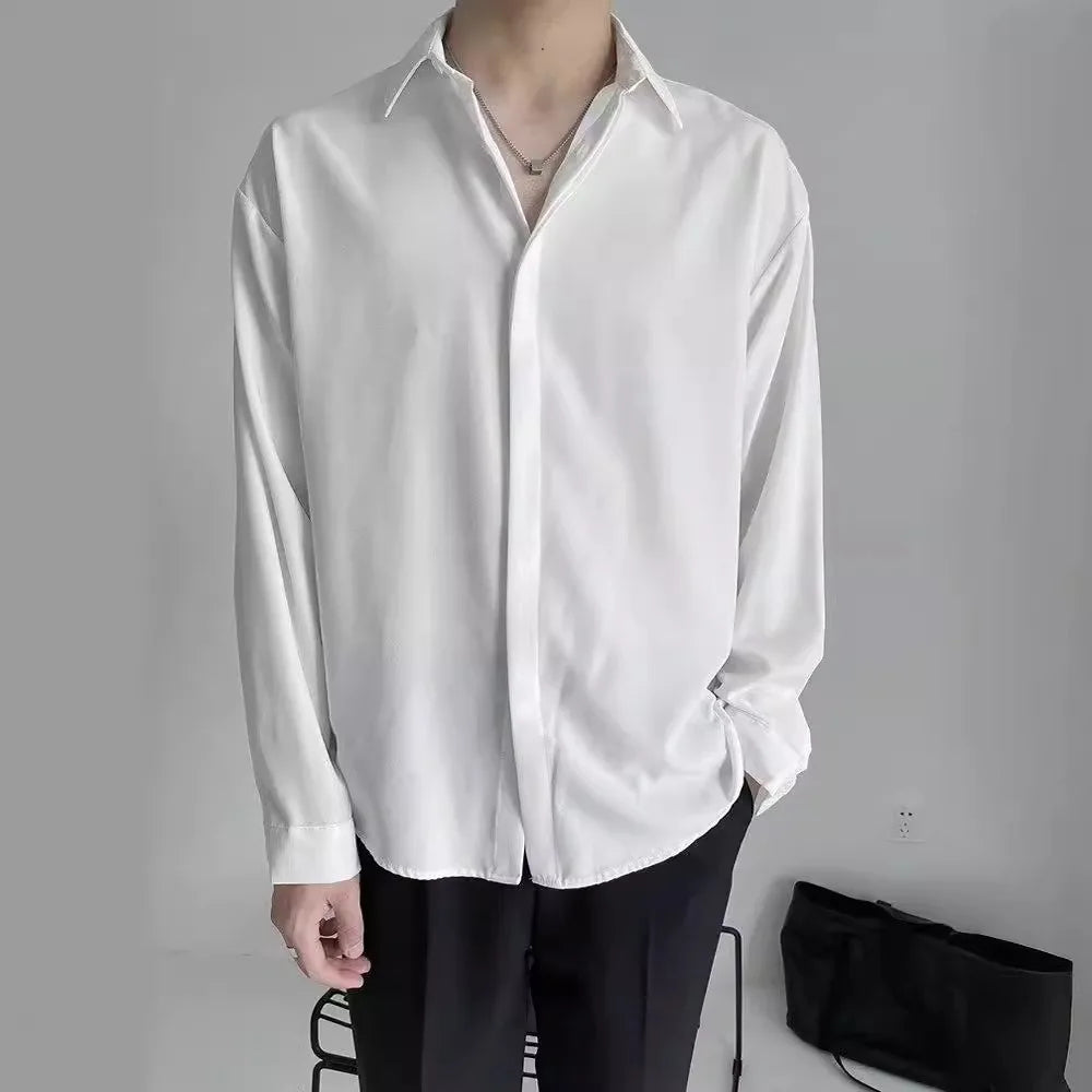 Four Seasons Solid Color Ice Silk Shirt Men No-iron Button Lapel Loose New Fashion Long Sleeve Solid Color Formal Men's Shirts voguable