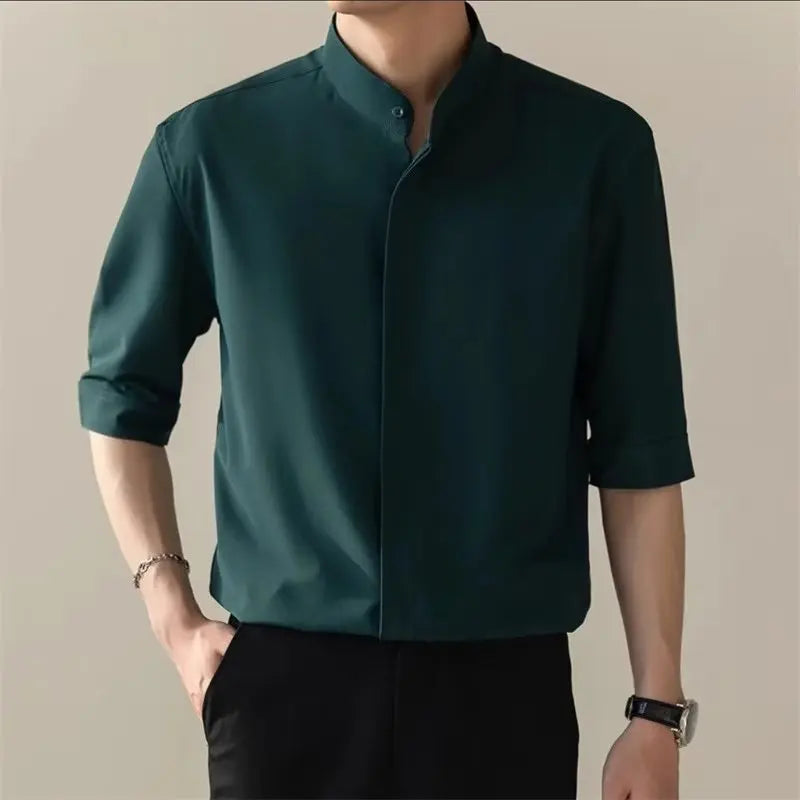 Summer Thin Stand-up Collar Ice Silk Short Sleeved Men Shirts New Chinese Style Business Casual Buttons Slim Half-sleeved Shirt voguable