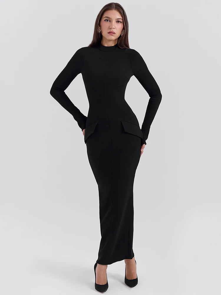 Mozision Black Long Sleeve Sexy Maxi Dress For Women Autumn Winter New O Neck Two Pocket Back Split Bodycon Long Dress Elegant voguable