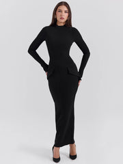 Black Long Sleeve Sexy Maxi Dress For Women Autumn Winter New O Neck Two Pocket Back Split Bodycon Long Dress Elegant voguable