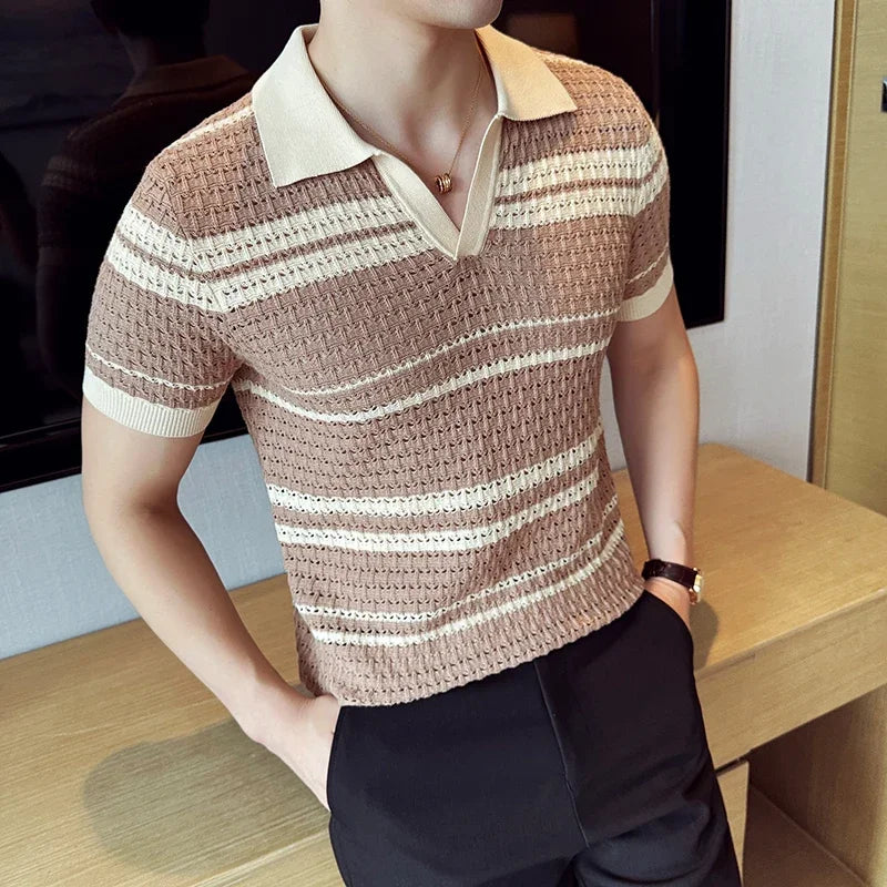 Men Knitted Polo Shirt 2024 Summer New Thin Striped Jacquard Patchwork Color Short Sleeved Casual V-neck T-shirt Men Clothing voguable