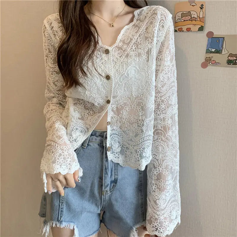 Spring Summer Korean Design Sense Hook Flower Hollow Lace Shirt Senior Sense Foreign Air V-Neck Long Sleeve Sun Protection Tops voguable