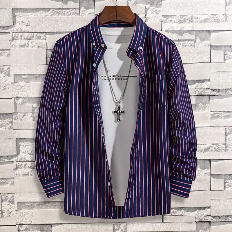 Spring Autumn New Fashion Striped POLO Collar Button Shirts Men's Clothing Long Sleeve Cardigan Korean Loose Trend Chic Blouses voguable