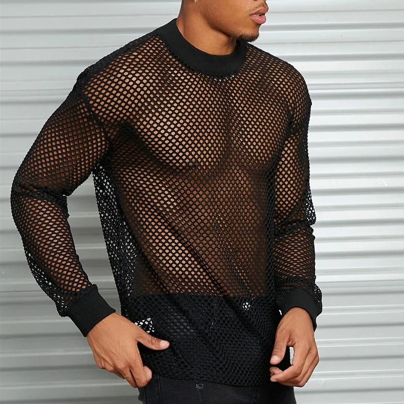 Men's Cotton Mesh Long Sleeve Off Shoulder See-Through T-Shirt Sexy Nightclub Wear Fitness Breathable Mesh Hollow-Out Base Shirt voguable