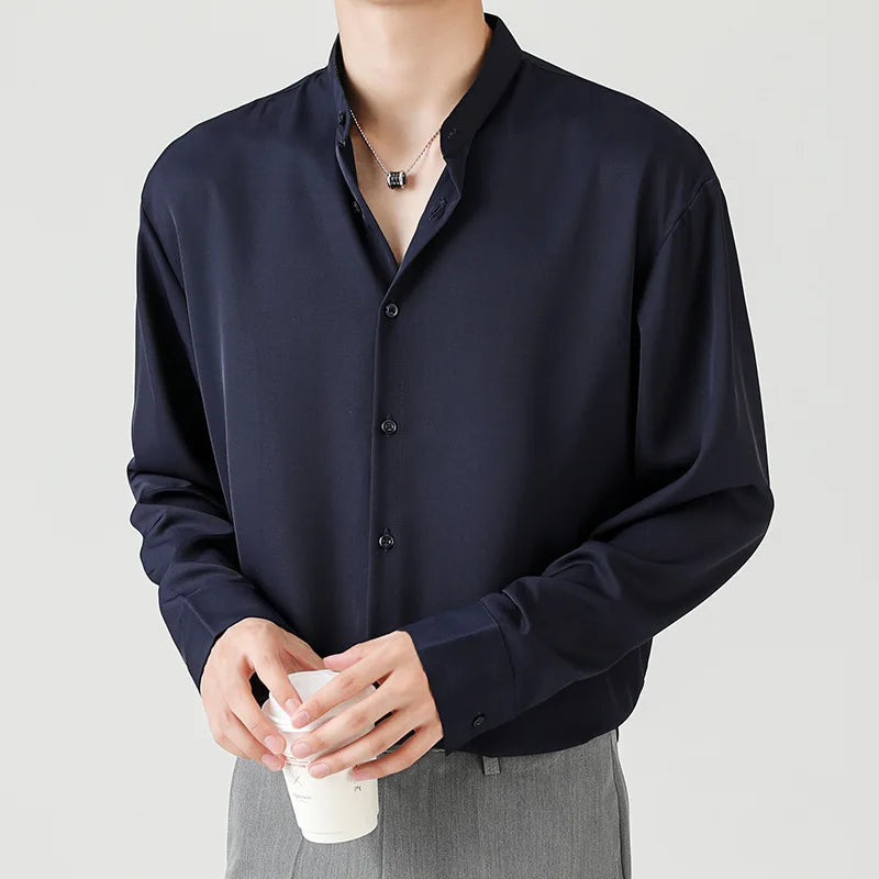 High-end Luxury Dark Blue Shirts for Men Spring Long Sleeve Stand-up Collar Button Solid Color No Iron Silky Drape Men's Shirts voguable