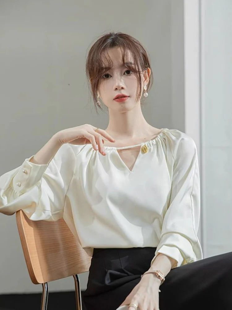 Voguable  Elegant Women Satin Shirt Casual Hollow Out Long Sleeve Blouse Korean Simple Vintage Office Lady All Match Design Tops voguable