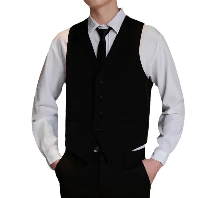 Spring and Autumn Thin British Slim Professional Suit Vests for Men Black Business Casual V-neck Sleeveless Button Men's Vest voguable