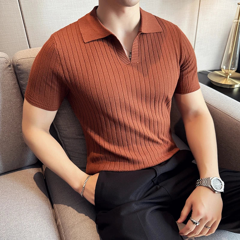 Men Striped Polo Shirt 2024 Summer Light Thin Breathable Solid Casual Elastic Slim Fit Short Sleeved V-neck T-shirt Men Clothing voguable