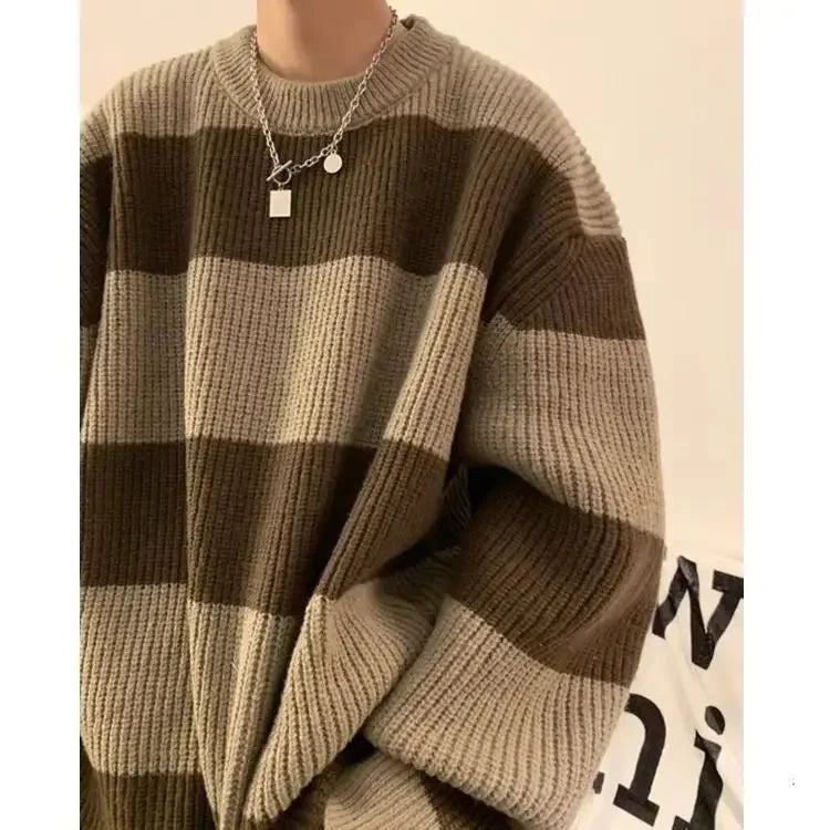 Korean style patchwork striped sweater for men in autumn and winter lazy loose knitted sweater round neck retro trendy sweater voguable