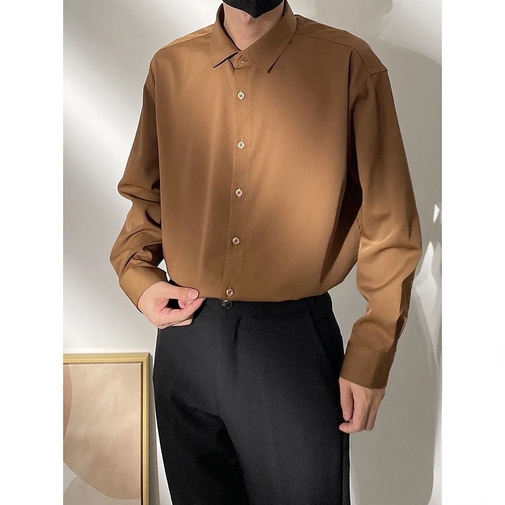 Spring New Senior Coffee Color Solid Long Sleeve Mens Shirts Korean Version Loose Chiffon Silk Shirt Men Casual Fashion Blouse voguable