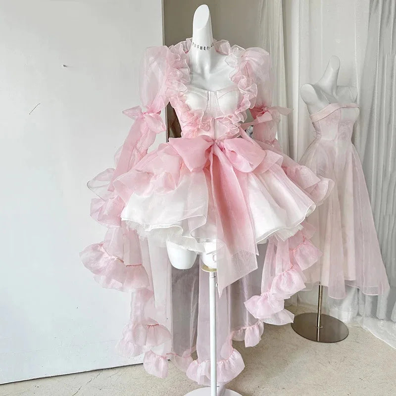 Voguable Kawaii Ruffle Puffy Women 3-piece Set Dress Underskirt Shawl Shrug Princess Pink Mini Evening High Low Dress Lolita Tutu Train voguable