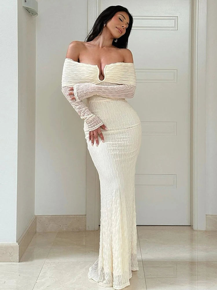 Mozision Off-shoulder Long Sleeve Sexy Maxi Dress For Women Fashion Strapless Backless Bodycon Club Elegant Long Dress Partywear voguable