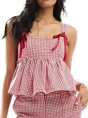 Women Plaid Tank Tops Spaghetti Strap Square Neck Peplum Cami Top Ruffle Smocked  Going Out Camisole voguable