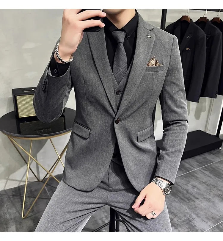 Voguable Men's Suit Jacket Vest Pants Fashion Boutique Plaid Casual Business Male Groom Wedding Tuxedo Dress 3 Pieces Set Blazers Coat voguable