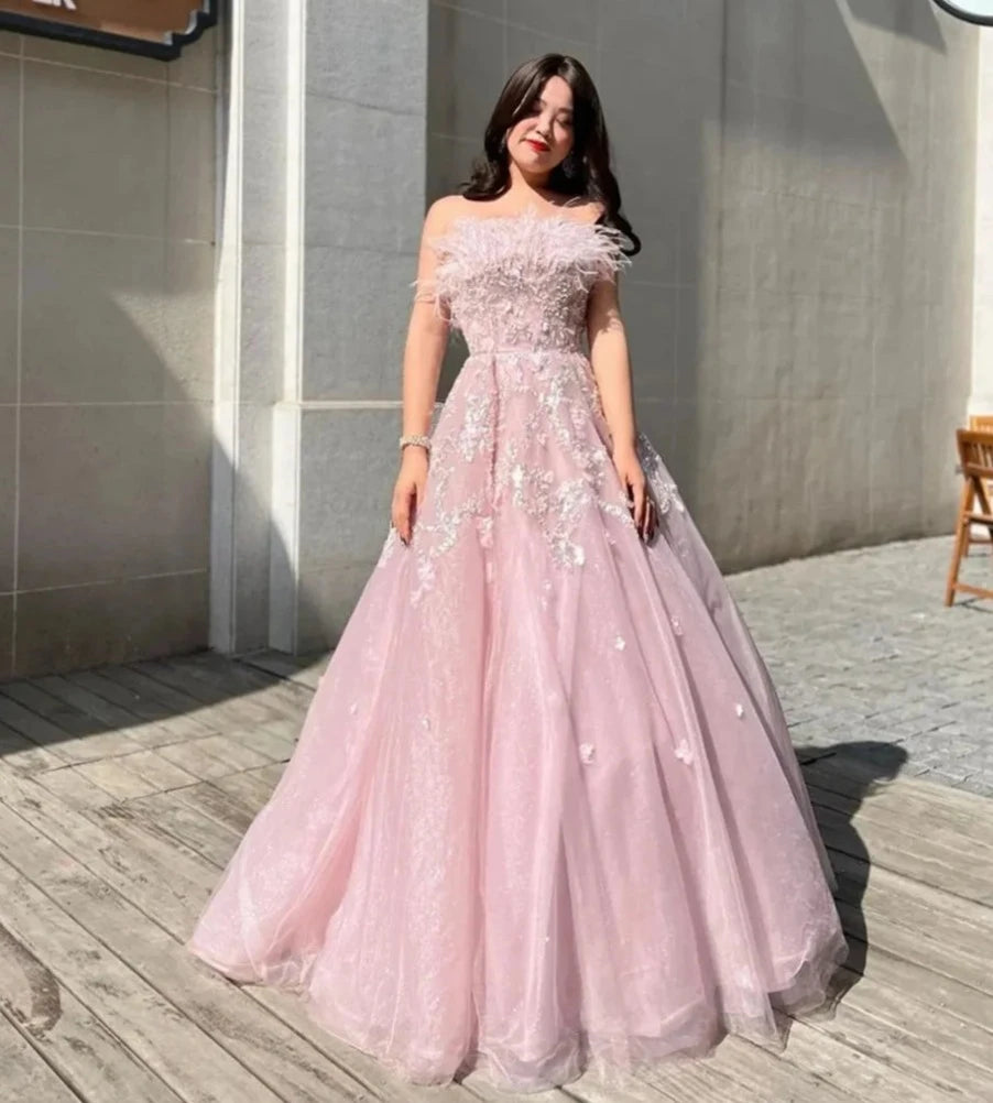 Voguable   Pale Pink Ball Gown Prom Dress Lace Embroidery Off Shoulder Ostrich Hair voguable