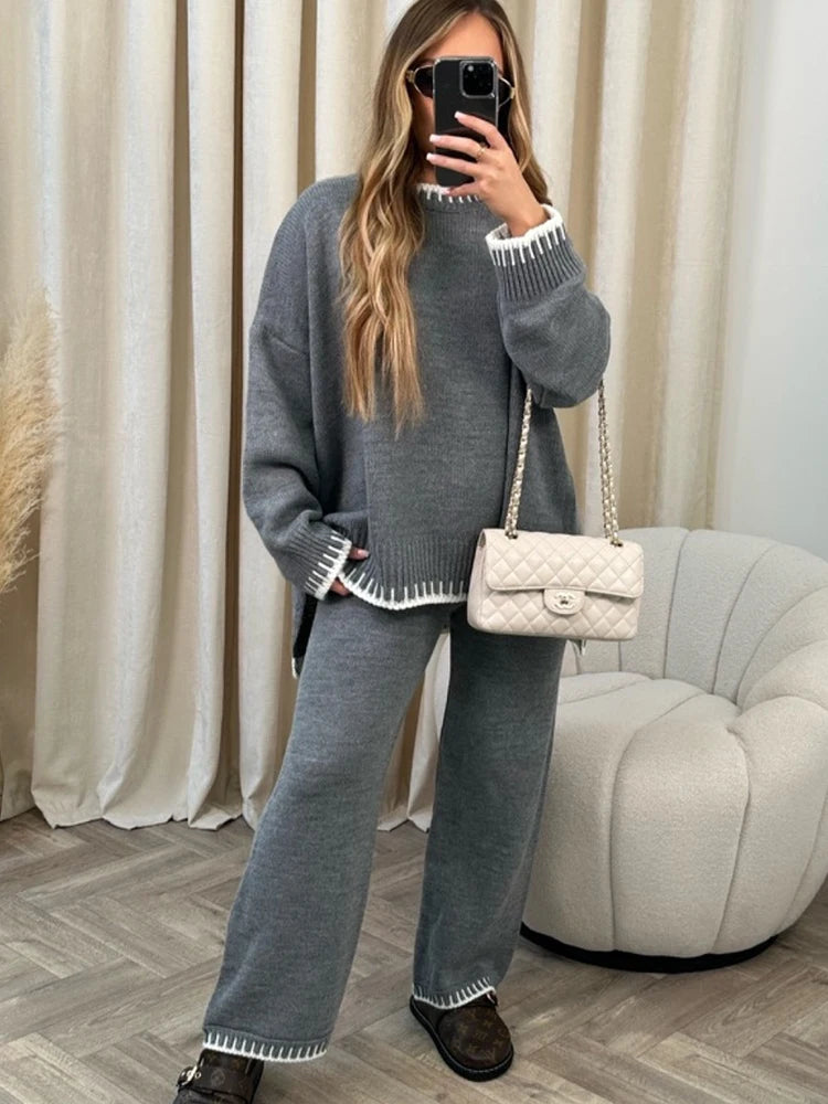 Elegant Knitted Long Pant Sets For Women Oversized Sweater Pullover Wide Leg Elastic Waist Pant Two Pieces Set Lady Chic Outfits voguable