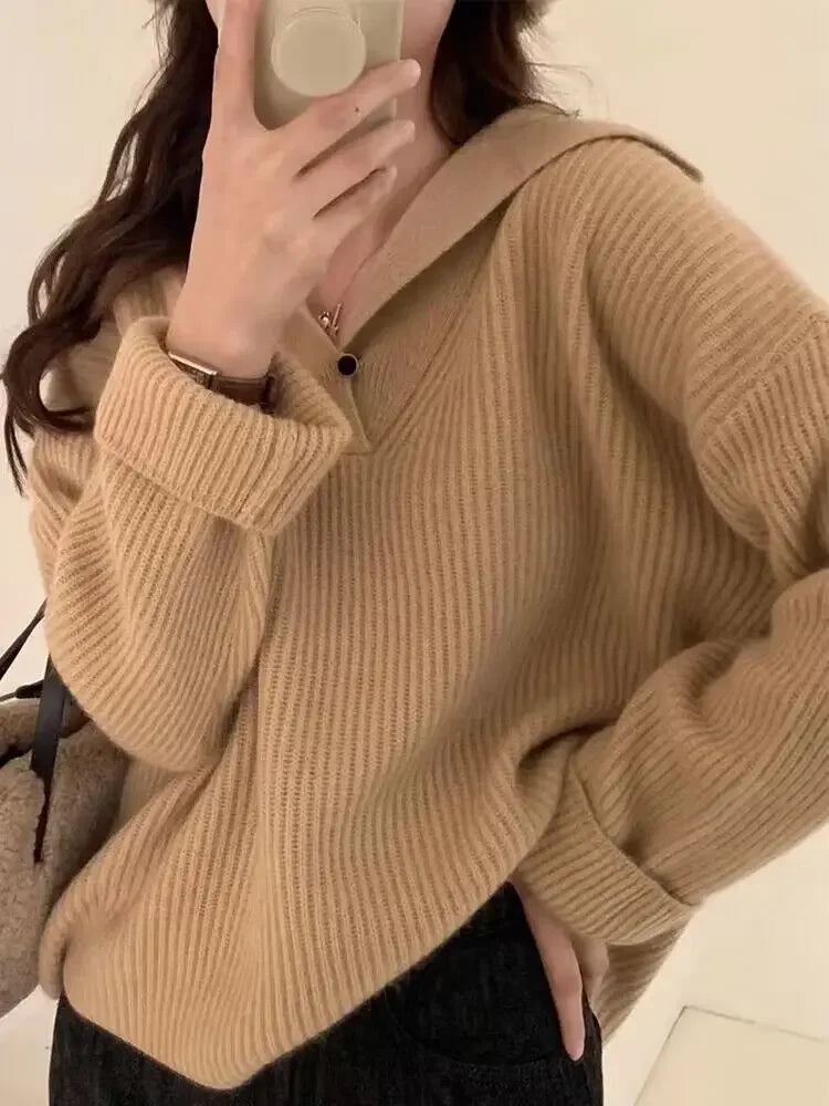 Lapel Raccoon Velvet Design Sense Sunken Stripe Sweater Women Autumn and Winter 2023 Popular New Lazy Gentle Knitted Top Thick voguable