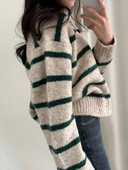 Large size Korean style lapel slimming contrast striped sweater women's winter long-sleeved loose pullover sweater y2k tops voguable